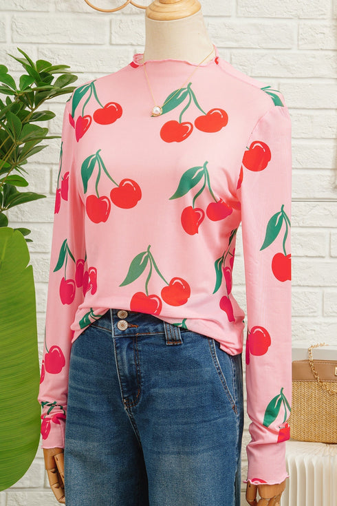 Sheer Mesh Cherry Print Mock Neck Lettuce Trim Top