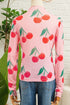 Sheer Mesh Cherry Print Mock Neck Lettuce Trim Top