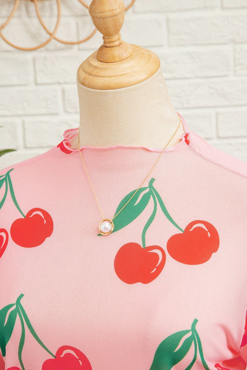 Sheer Mesh Cherry Print Mock Neck Lettuce Trim Top