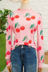 Sheer Mesh Cherry Print Mock Neck Lettuce Trim Top