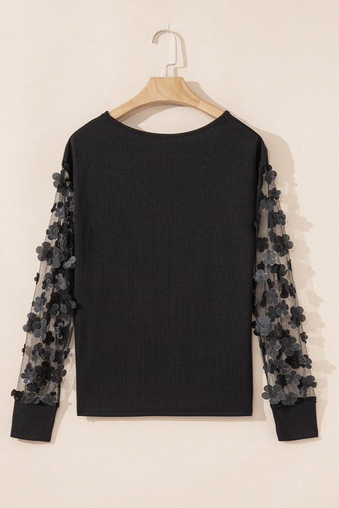 Sheer Mesh Floral Applique Long Sleeve V Neck Blouse