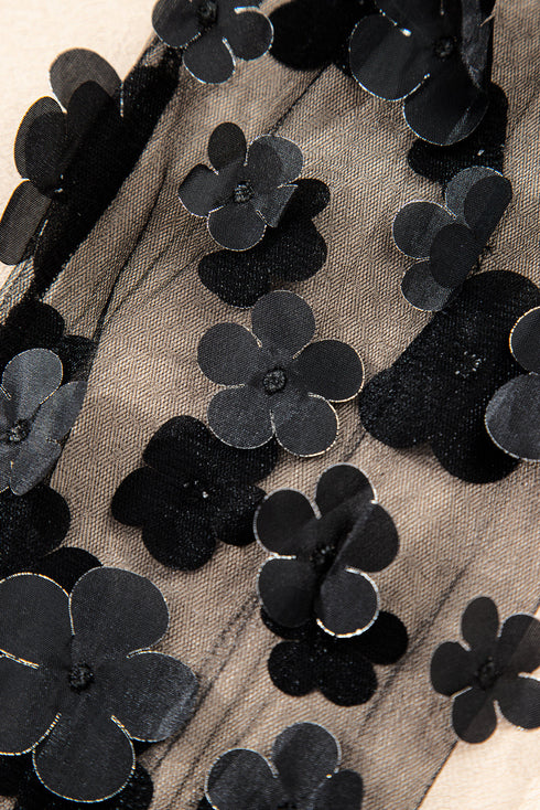 Sheer Mesh Floral Applique Long Sleeve V Neck Blouse