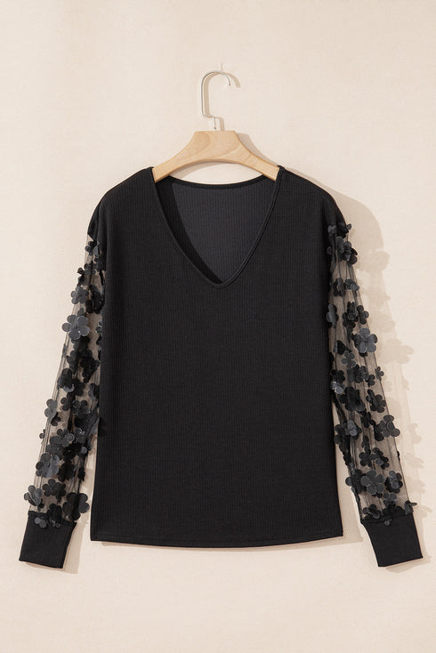 Sheer Mesh Floral Applique Long Sleeve V Neck Blouse