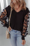 Sheer Mesh Floral Applique Long Sleeve V Neck Blouse