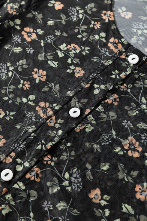 Sheer Mesh Floral Long Sleeve Button Front Cardigan