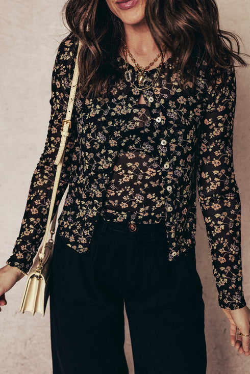 Sheer Mesh Floral Long Sleeve Button Front Cardigan