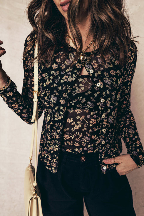 Sheer Mesh Floral Long Sleeve Button Front Cardigan