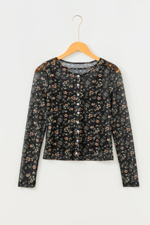 Sheer Mesh Floral Long Sleeve Button Front Cardigan