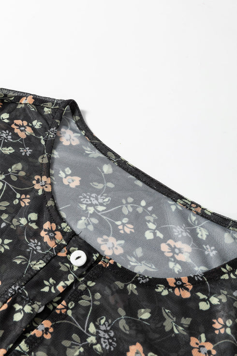Sheer Mesh Floral Long Sleeve Button Front Cardigan