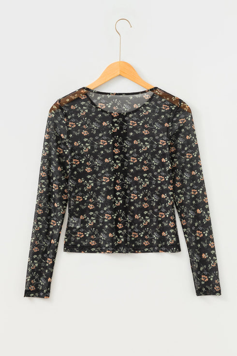 Sheer Mesh Floral Long Sleeve Button Front Cardigan