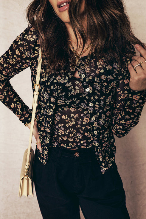 Sheer Mesh Floral Long Sleeve Button Front Cardigan