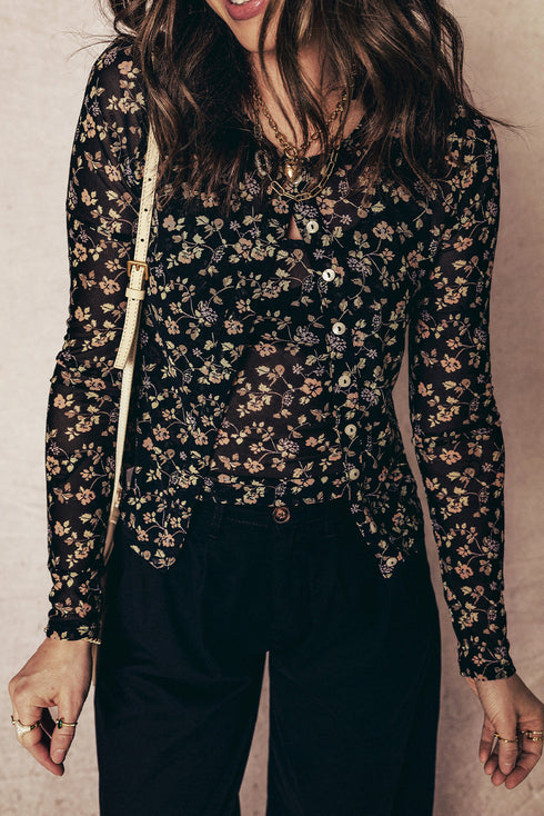 Sheer Mesh Floral Long Sleeve Button Front Cardigan
