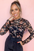 Sheer Mesh Floral Print Long Sleeve Crew Neck Top