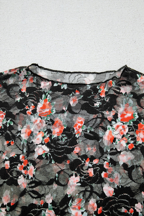 Sheer Mesh Floral Print Long Sleeve Crew Neck Top