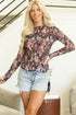 Sheer Mesh Floral Print Long Sleeve Crew Neck Top