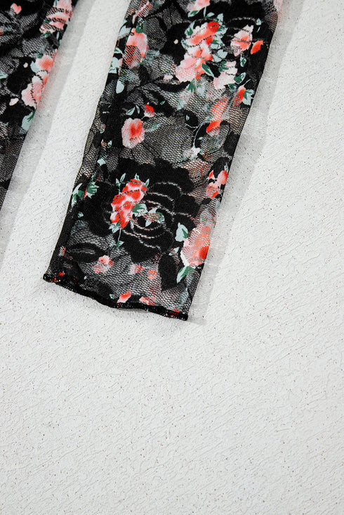 Sheer Mesh Floral Print Long Sleeve Crew Neck Top