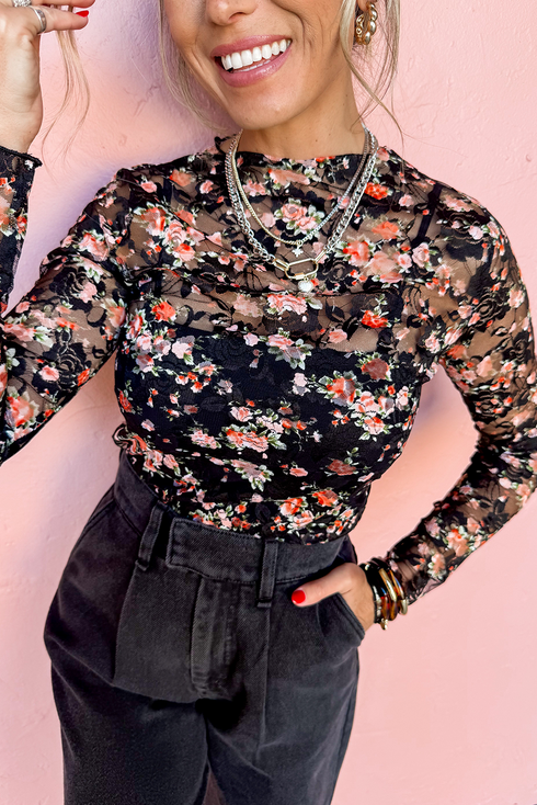 Sheer Mesh Floral Print Long Sleeve Crew Neck Top