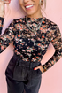 Sheer Mesh Floral Print Long Sleeve Crew Neck Top