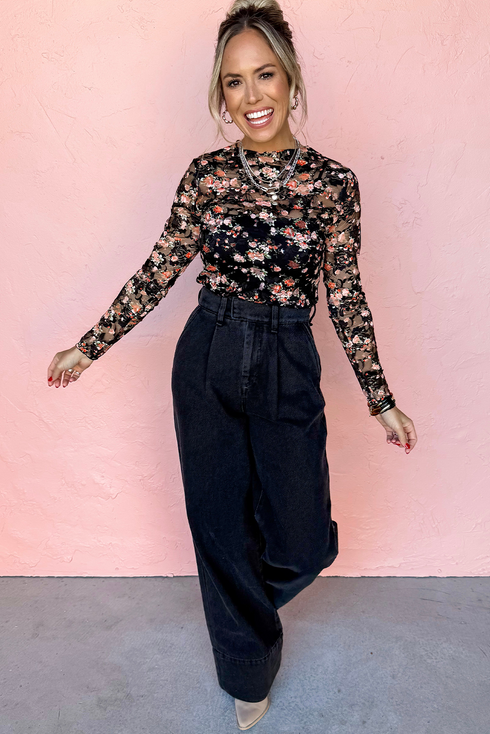 Sheer Mesh Floral Print Long Sleeve Crew Neck Top