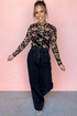 Sheer Mesh Floral Print Long Sleeve Crew Neck Top