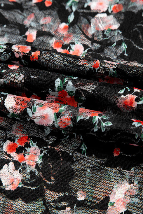 Sheer Mesh Floral Print Long Sleeve Crew Neck Top