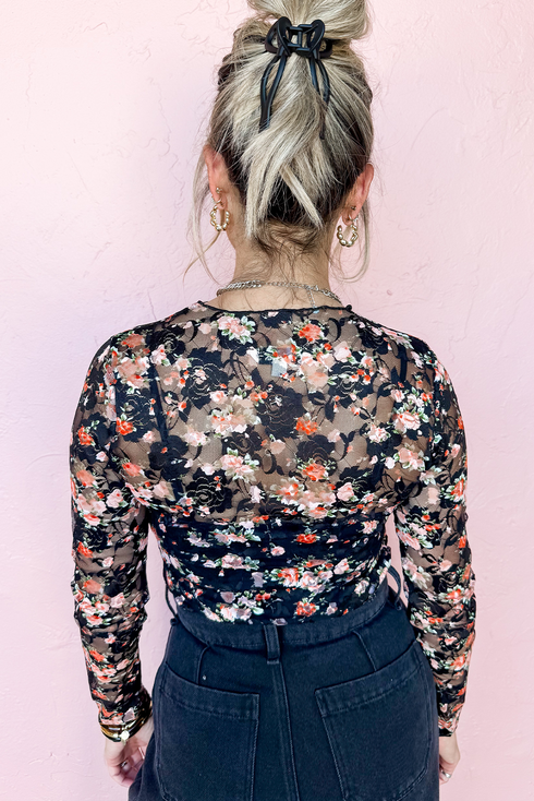Sheer Mesh Floral Print Long Sleeve Crew Neck Top