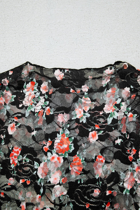 Sheer Mesh Floral Print Long Sleeve Crew Neck Top