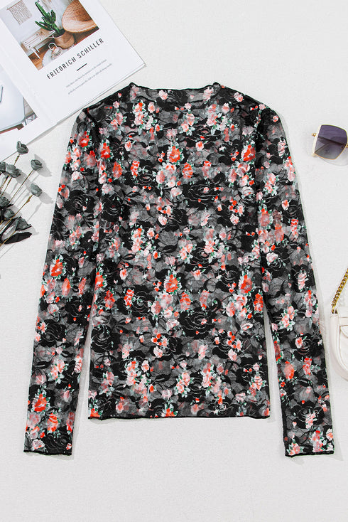 Sheer Mesh Floral Print Long Sleeve Crew Neck Top