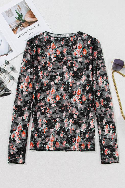 Sheer Mesh Floral Print Long Sleeve Crew Neck Top
