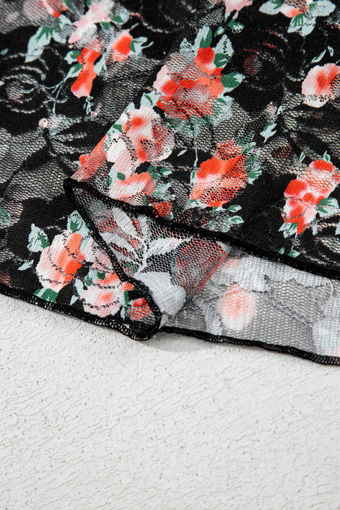 Sheer Mesh Floral Print Long Sleeve Crew Neck Top