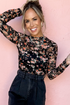 Sheer Mesh Floral Print Long Sleeve Crew Neck Top