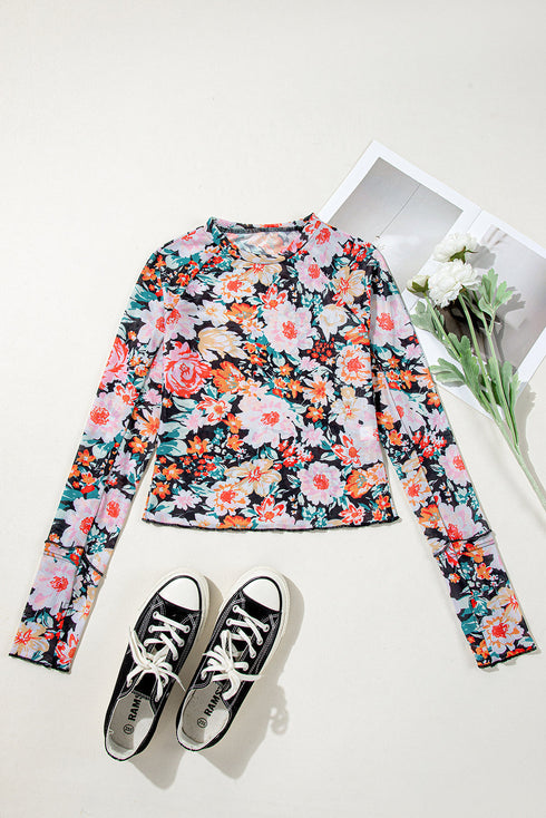 Sheer Mesh Floral Print Long Sleeve Crop Top