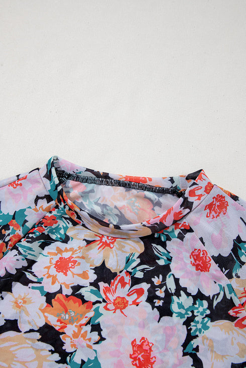 Sheer Mesh Floral Print Long Sleeve Crop Top