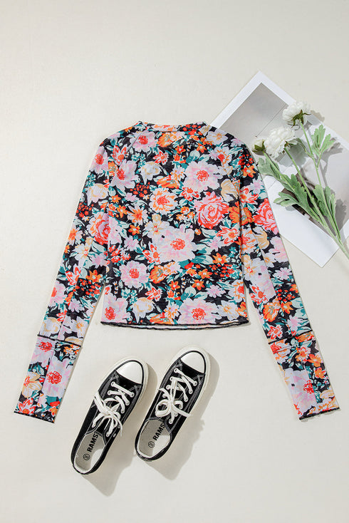 Sheer Mesh Floral Print Long Sleeve Crop Top