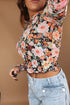 Sheer Mesh Floral Print Long Sleeve Crop Top