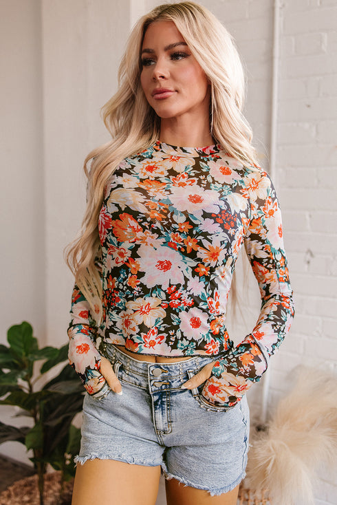 Sheer Mesh Floral Print Long Sleeve Crop Top