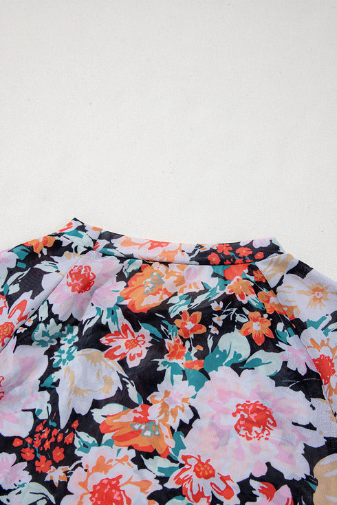 Sheer Mesh Floral Print Long Sleeve Crop Top