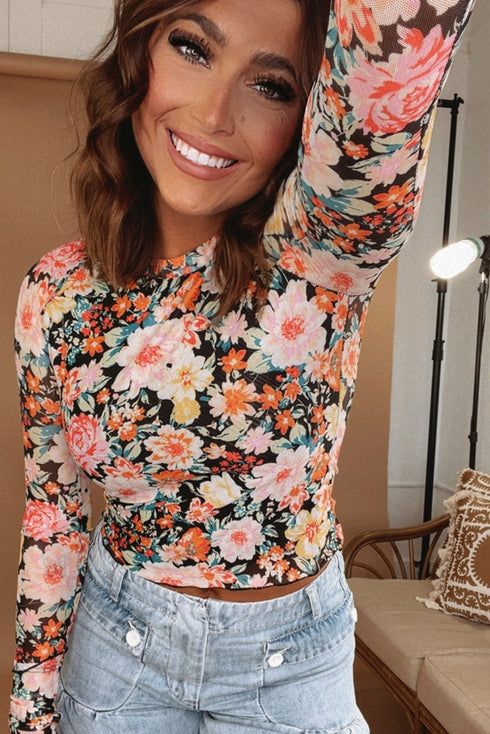 Sheer Mesh Floral Print Long Sleeve Crop Top