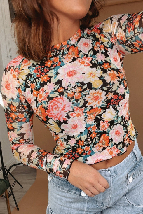Sheer Mesh Floral Print Long Sleeve Crop Top