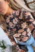 Sheer Mesh Floral Print Mock Neck Long Sleeve Top