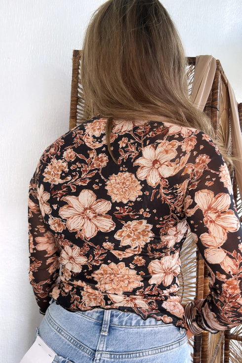Sheer Mesh Floral Print Mock Neck Long Sleeve Top