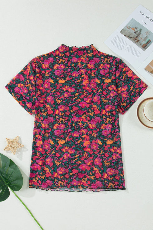 Sheer Mesh Floral Print Western Short Sleeve Top