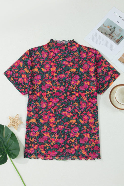 Sheer Mesh Floral Print Western Short Sleeve Top