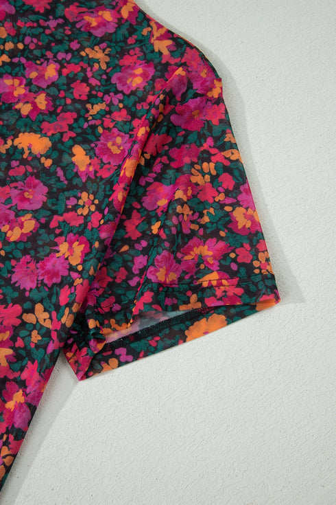 Sheer Mesh Floral Print Western Short Sleeve Top