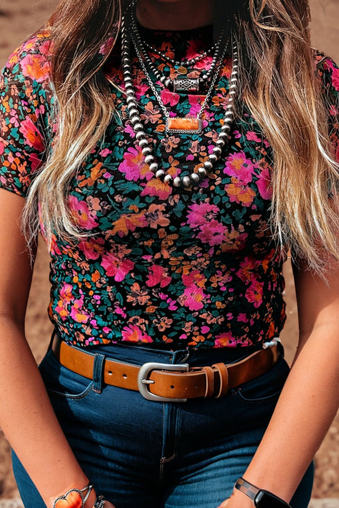 Sheer Mesh Floral Print Western Short Sleeve Top