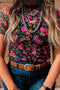 Sheer Mesh Floral Print Western Short Sleeve Top