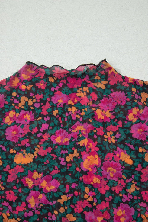 Sheer Mesh Floral Print Western Short Sleeve Top