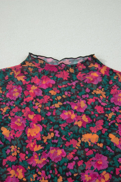 Sheer Mesh Floral Print Western Short Sleeve Top