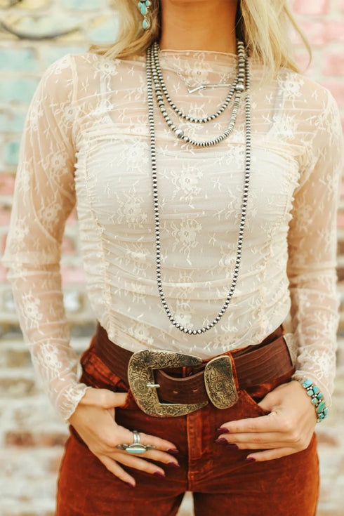 Sheer Mesh Floral Ruched Lace Long Sleeve Top