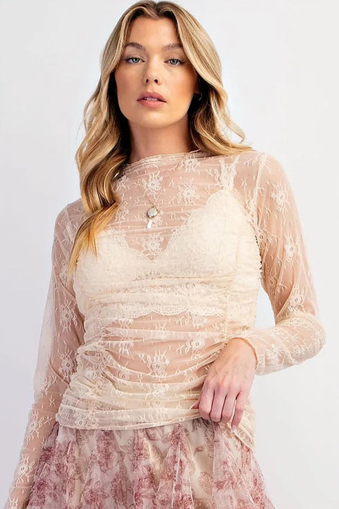 Sheer Mesh Floral Ruched Lace Long Sleeve Top